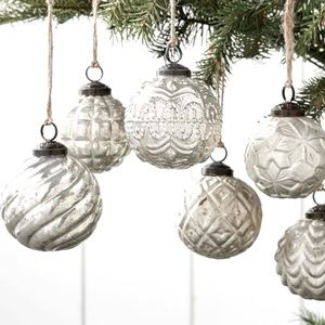 Pottery Barn Embossed Silver Kugel Style Ornaments Set/6 New In Box 🌿